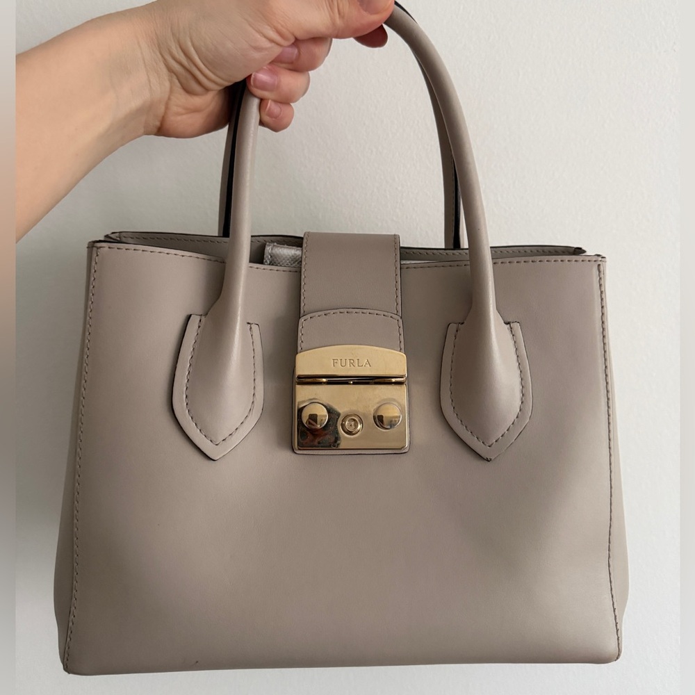 Furla Taupe Leather Top-Handle Satchel with Gold Hardware